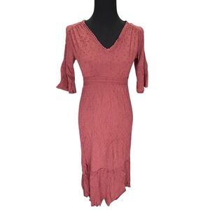 Knox Rose Rust Textured Dot Smocked Waist Midi Dress V Neck‎ 3/4 Sleeve Size XS